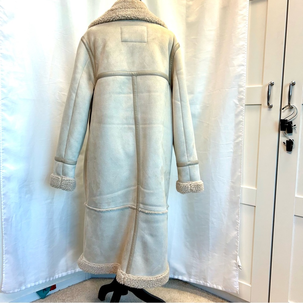 American Eagle double-breasted Vegan faux shearling coat light beige cream Sz L - Picture 6 of 14